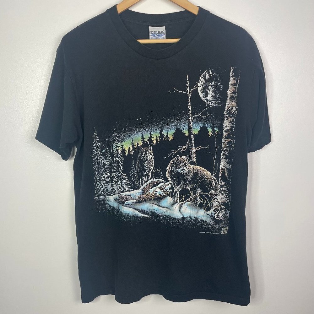 Vintage Gildan Single Stitch Short Sleeve Wolf Printed Graphic T Shirt Top L